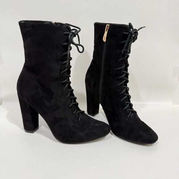 X2B Booties Woman 7 Lace Black Lace Up Block Heel Side Zipper Faux Suede - Picture 15 of 16